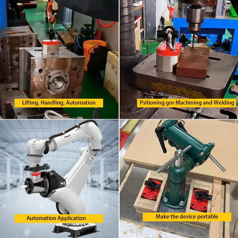 Magnetpro multipurpose switch magnet collage of four views; 220 lb pull-off for lifting, positioning, automation