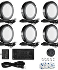 Under Cabinet LED Puck Lights 12V 2W Each in a Sweet Six Pack with Wireless Dimmer, Recessed or Surface Mount, Black Finish
