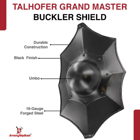 Badass Blackened Talhofer Grand Master Buckler Shield 17x11 Inch Steel With 16 Gauge Black Finish Forged Steel And Wood Handle