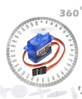 Wishiot FS90R servo tester kit: blue tester module with 360-degree dial, orange lead, and white servo horns with screws