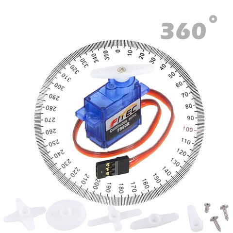 Wishiot FS90R servo tester kit: blue tester module with 360-degree dial, orange lead, and white servo horns with screws