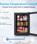 3.0 Cu Ft Upright Freezer With Clear Glass Door Sleek Black Cabinet showcasing precise temperature control and various food types.
