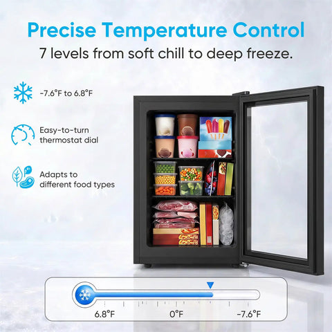 3.0 Cu Ft Upright Freezer With Clear Glass Door Sleek Black Cabinet showcasing precise temperature control and various food types.