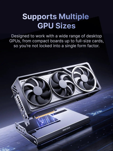 Heavy Duty Dual Mode Usb4 And OcuLink Egpu Dock With Straight Up 80Gbps Speeds Integrated M2 Nvme Bay ATX SFX Power Hookup Thunderbolt 5 Ready PC Gaming Rig Extender showing multiple GPU support and design.
