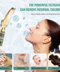 Woman enjoying Filtered Handheld Shower Head With High Pressure Spray, 9 Modes, benefits highlighted, gold