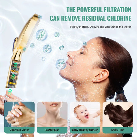 Woman enjoying Filtered Handheld Shower Head With High Pressure Spray, 9 Modes, benefits highlighted, gold
