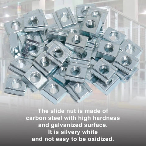 Pile of galvanized slide nuts for 20 Corner Bracket Kit For 2020 Aluminum Extrusion Rails Includes 40 Hex Screws, 40 Slide Nuts, 40 Washers, And 2 Hex Wrenches Sturdy Rust-Resistant Corner Connectors For DIY Frames And Modular Builds