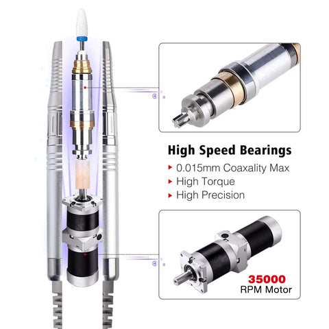 Brushless Nail Drill Handpiece With Adjustable 0 To 35000 RPM Quiet Magnetic Motor showing high-speed bearings and motor design