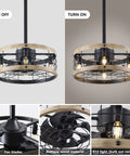 Farmhouse Style Ceiling Fan With Light And Remote Caged Low Profile Flush Mount Ceiling Fan In Black And Wood Perfect For Kitchen Bedroom Living Room Dining Room Vintage Vibe with fan blade details and E12 light close-up.