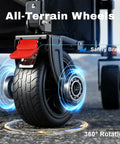 Close-up of beefy all-terrain wheel on 46.6 Inch Heavy Duty Collapsible Wagon Cart With 440 Lb Capacity showing safety brake feature.