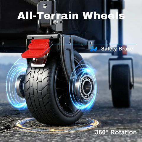Close-up of beefy all-terrain wheel on 46.6 Inch Heavy Duty Collapsible Wagon Cart With 440 Lb Capacity showing safety brake feature.