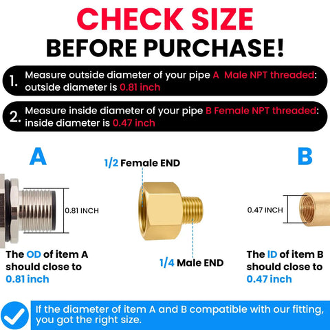 Brass Pipe Fitting Set Of Two One Quarter Inch NPT Male To One Half Inch NPT Female Reducer Adapters size guide