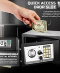Compact Drop Slot Safe Box With Digital Keypad Lock For Cash Money, Documents, Jewelry, And Valuables, Ideal Home Office Security Cabinet Safe, 12x8x8 Inches, Matte Black Finish with a hand inserting cash into the drop slot.