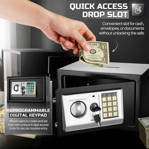Compact Drop Slot Safe Box With Digital Keypad Lock For Cash Money, Documents, Jewelry, And Valuables, Ideal Home Office Security Cabinet Safe, 12x8x8 Inches, Matte Black Finish with a hand inserting cash into the drop slot.