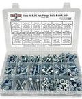 Front view of clear plastic organizer with zinc-plated Grade 10.9 JIS hex flange bolts, lock nuts, washers in M6–M10.