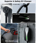 Portable Level 1 And 2 Tesla Charger With ETL Certification, NACS EV Charging Cable, 12A And 16A Wall Connector, close-up of waterproof design and connector.
