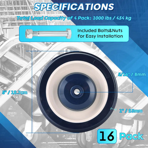 16 Pack 5 Inch Shopping Cart Casters With Axles Bolts Silent Blue Polyurethane Wheels 1.2 Inch Wide 5/16 Inch Bore Heavy Duty