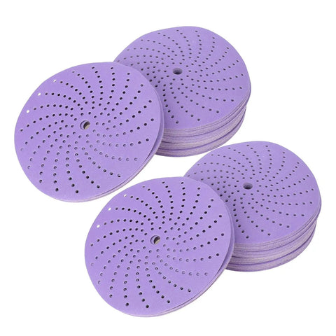 Premium 6 Inch Ceramic Sanding Discs With Hook Loop Backing Offer Super Fast Cutting Speed And 30 Percent Longer Life For Grinding Wood Metal And Heavy Projects That Need Serious Grit Power Today, purple sanding discs stacked.