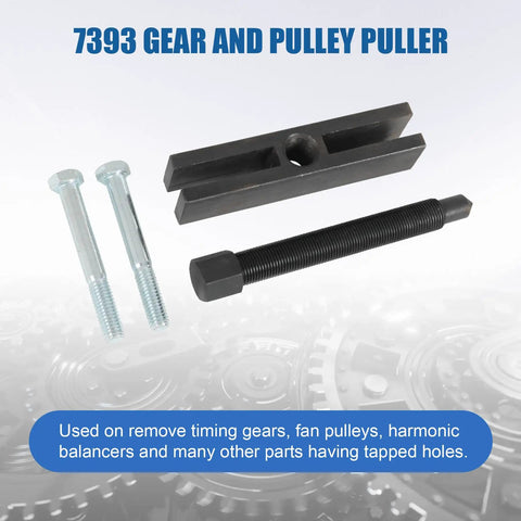 Hardcore Auto Gear And Pulley Puller Set With Shaft Protector includes 7393 puller, screws, and plates for removing timing gears.