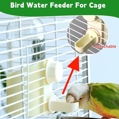 No Mess No Fuss Bird Water Dispenser And Food Feeder Set With Heavy Duty Perch Pole For Parrot Cage Accessories showing detachable feeder and water bottle.