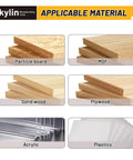 AkyLin applicable materials chart for slab flattening router bit on particle board, MDF, solid wood, plywood, acrylic, plastics