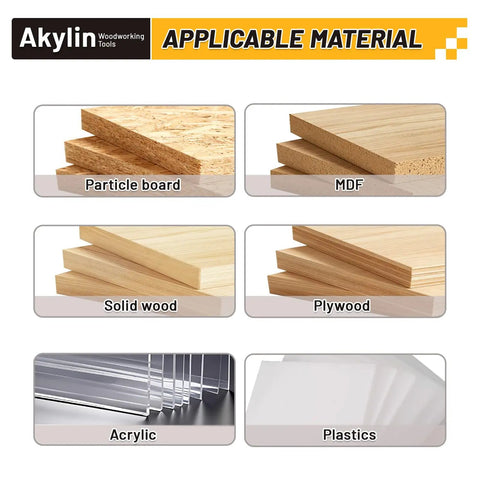 AkyLin applicable materials chart for slab flattening router bit on particle board, MDF, solid wood, plywood, acrylic, plastics