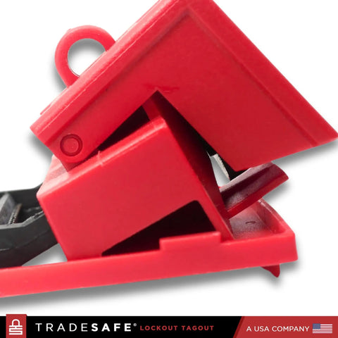 Close-up of Heavy Duty Clamp-On Circuit Breaker Lockout Device Kit, 3 Pack, 480 and 600 Volt, red clamp mechanism