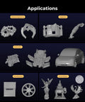 Raptor Pro 3D Scanner Delivers Metrology Grade Accuracy Up To 0.02mm At 60FPS With Blue Laser Array And NIR Structured Light For Fast, Pinpoint Precision Scans Of Medium To Large Objects For 3D Printing. Applications collage of scanned metal parts, car body, wheel, and statues