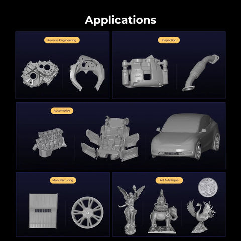 Raptor Pro 3D Scanner Delivers Metrology Grade Accuracy Up To 0.02mm At 60FPS With Blue Laser Array And NIR Structured Light For Fast, Pinpoint Precision Scans Of Medium To Large Objects For 3D Printing. Applications collage of scanned metal parts, car body, wheel, and statues