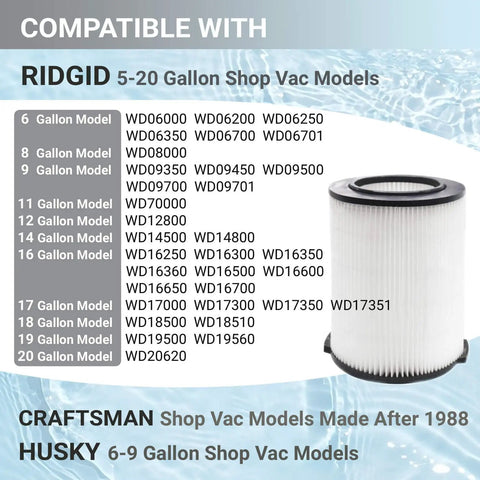 VF4000 Replacement H13 HEPA Filter For Wet Dry Shop Vacuums 5 To 20 Gallon Standard Size with compatibility chart