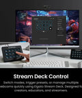 Prime 4K Webcam With Auto Tracking And Directional Mics For Gaming Livestreams Or Client Calls on a computer setup.