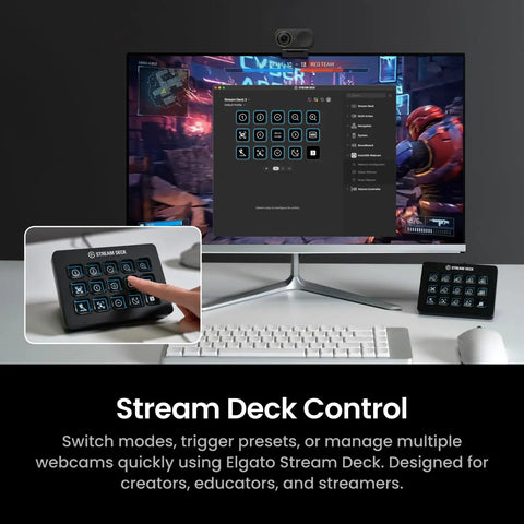Prime 4K Webcam With Auto Tracking And Directional Mics For Gaming Livestreams Or Client Calls on a computer setup.
