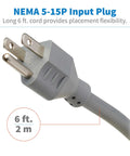 NEMA 5-15P input plug with 6 ft cord for 7 Outlet Surge Protector Power Strip With 6 Individually Controlled Switches, 6 Foot Cord, Lifetime Limited Warranty And $25,000 Insurance, Keep Your Gear Safe For PC, Laptop, Printer, Router, TV And Other Home Office Gear.