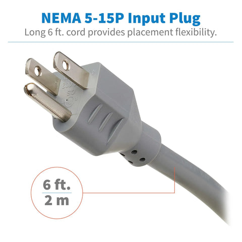 NEMA 5-15P input plug with 6 ft cord for 7 Outlet Surge Protector Power Strip With 6 Individually Controlled Switches, 6 Foot Cord, Lifetime Limited Warranty And $25,000 Insurance, Keep Your Gear Safe For PC, Laptop, Printer, Router, TV And Other Home Office Gear.