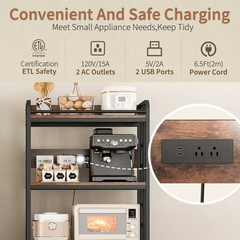 4 Tier Heavy Duty Kitchen Baker's Rack With Power Outlet And Industrial Wheels Freestanding Microwave Cart For Kitchen Storage Living Room Or Garage Rustic Brown with appliances and charging ports shown