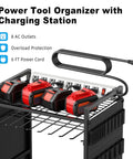 Heavy Duty Power Tool Organizer Cart With Charging Station And Battery Storage showing outlets and power cord.