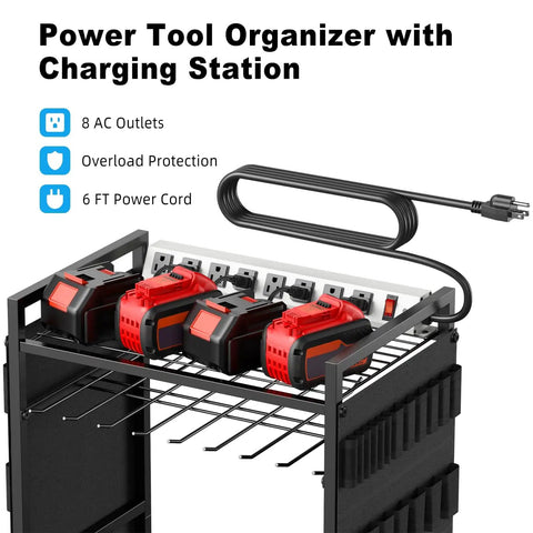 Heavy Duty Power Tool Organizer Cart With Charging Station And Battery Storage showing outlets and power cord.