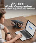 Jet Engine Desk Fan With Eighteen Hour Runtime USB C Rechargeable Turbo Table Fan on a wooden desk beside a laptop and man.