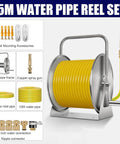 Heavy Duty Retractable Garden Hose Reel Stainless Steel Water Hose Cart with 15M yellow hose and copper spray gun accessories.