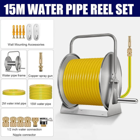 Heavy Duty Retractable Garden Hose Reel Stainless Steel Water Hose Cart with 15M yellow hose and copper spray gun accessories.