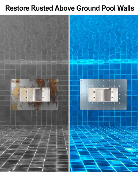 Before and after image of a pool wall with Wide Mouth Pool Skimmer Repair Kit For Rusted Wall Areas installed.