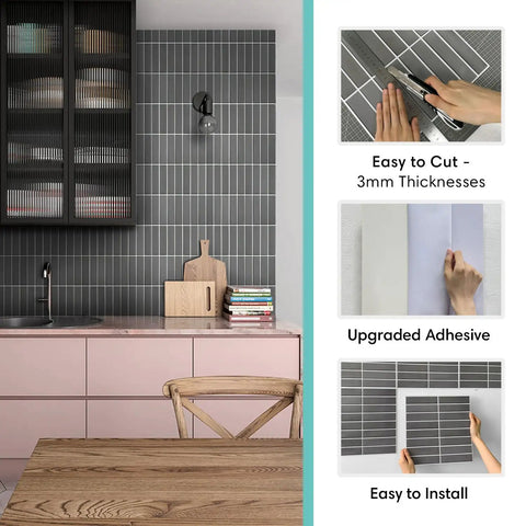 Kitchen with 3D Matte Green Peel And Stick Tiles Pack Of Ten Eleven Point Eight Inch Square PVC Backsplash Tiles for kitchen decor.