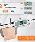 8 Inch Digital Caliper With Rechargeable USB Type C Power, displaying 3 unit conversions on a stainless steel vernier caliper.