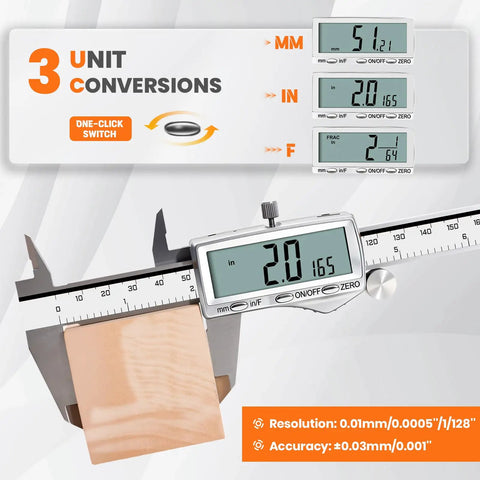 8 Inch Digital Caliper With Rechargeable USB Type C Power, displaying 3 unit conversions on a stainless steel vernier caliper.