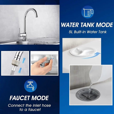 Portable Countertop Dishwasher Compact Mini Build Features Five Liter Water Tank And Swift Air Dry Cycle Slash The Soapy Scouring Hustle For Dorm Life Apartments And Weekend Rv Trips, showing water tank mode with 5L tank and faucet connection.