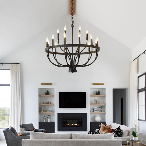 Spacious living room with large black chandelier and modern decor. Dope Modern Sputnik Chandelier Pendant Light Industrial 6 Light Gold and Black Ceiling Fixture With Adjustable Height for Kitchen Island Bedroom Dining Room Living Room Farmhouse Decor lighting.