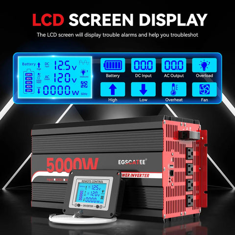 Heavy Duty 5000W Power Inverter 12V Dc To 120V Ac Converter For Rv And Truck 10000W Peak Off Grid Solar System with LCD display.