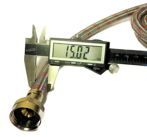 Close-up of caliper measuring Heavy Duty Double Elbow Stainless Steel Washing Machine Hoses, 4 Foot 2 Pack With Dual 90 Degree Connectors