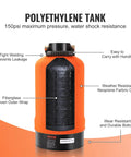 Portable 16,000 Grain RV Water Softener With Three Quarter Inch Brass Fittings And Forty Two Inch Hose For RVs Trailers Boats And On The Go Pressure Washing, showing polyethylene tank with easy-carry handle and weather-resistant features.