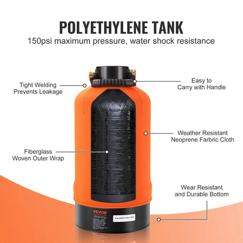 Portable 16,000 Grain RV Water Softener With Three Quarter Inch Brass Fittings And Forty Two Inch Hose For RVs Trailers Boats And On The Go Pressure Washing, showing polyethylene tank with easy-carry handle and weather-resistant features.